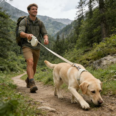 Beige Linen-Textured Retractable Dog Leash
